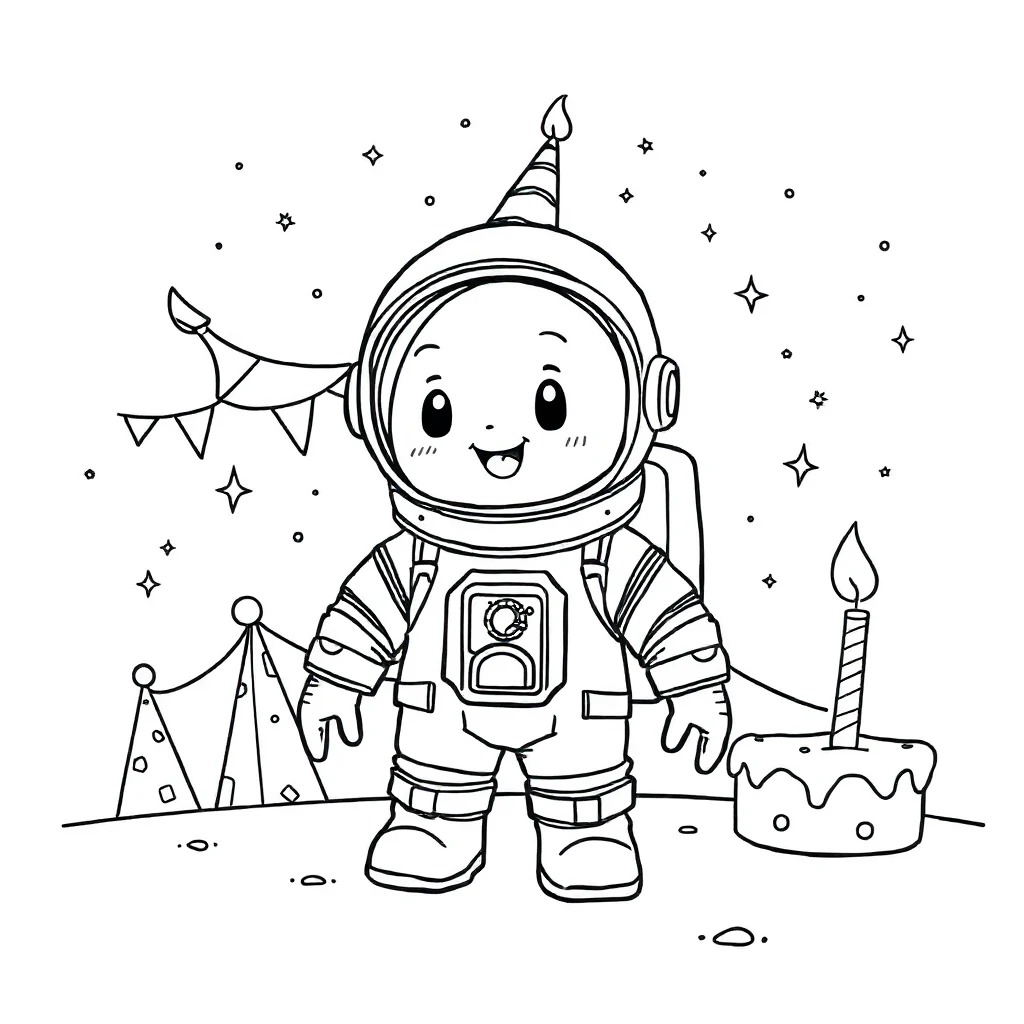 Astronauts a cute astronaut celebrating a birthday — classic astronauts coloring page (ages 5–10)