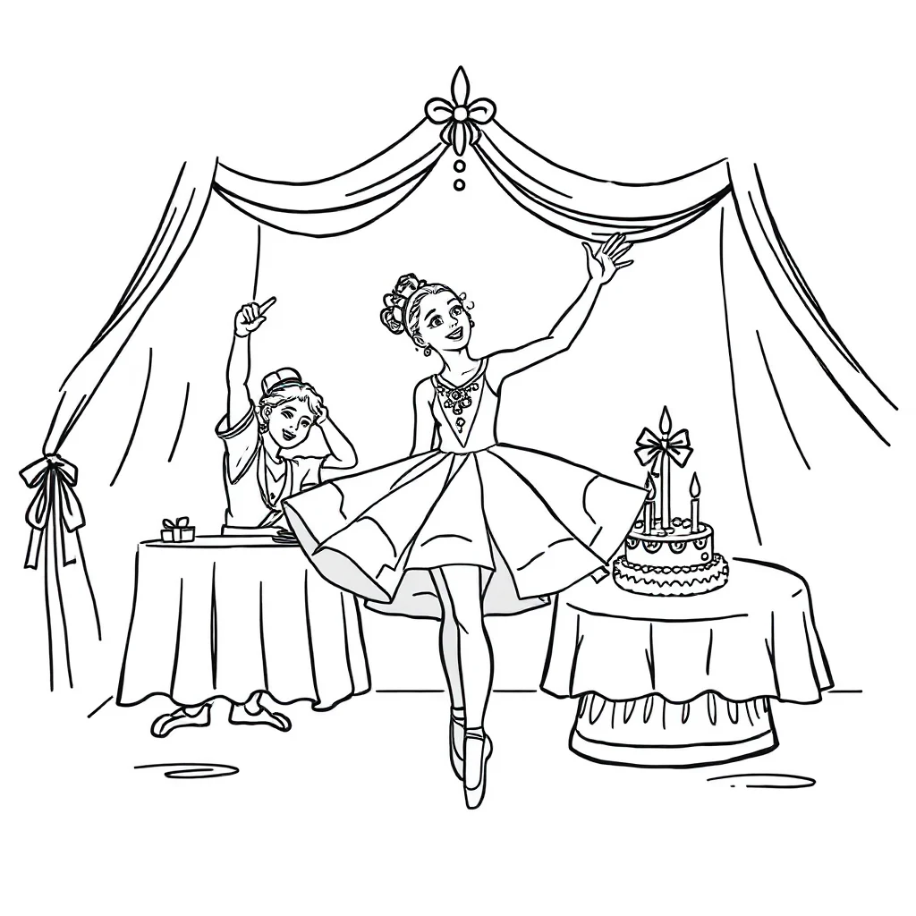 Ballerinas a ballerina dancing celebrating a birthday — classic ballerinas coloring page (ages 5–10)