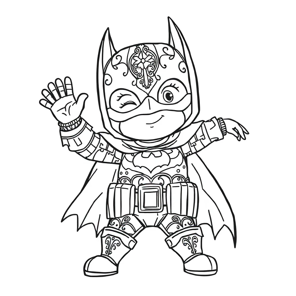 Batman a cute chibi batman waving dancing — detailed batman coloring page (ages 9+ & adults)