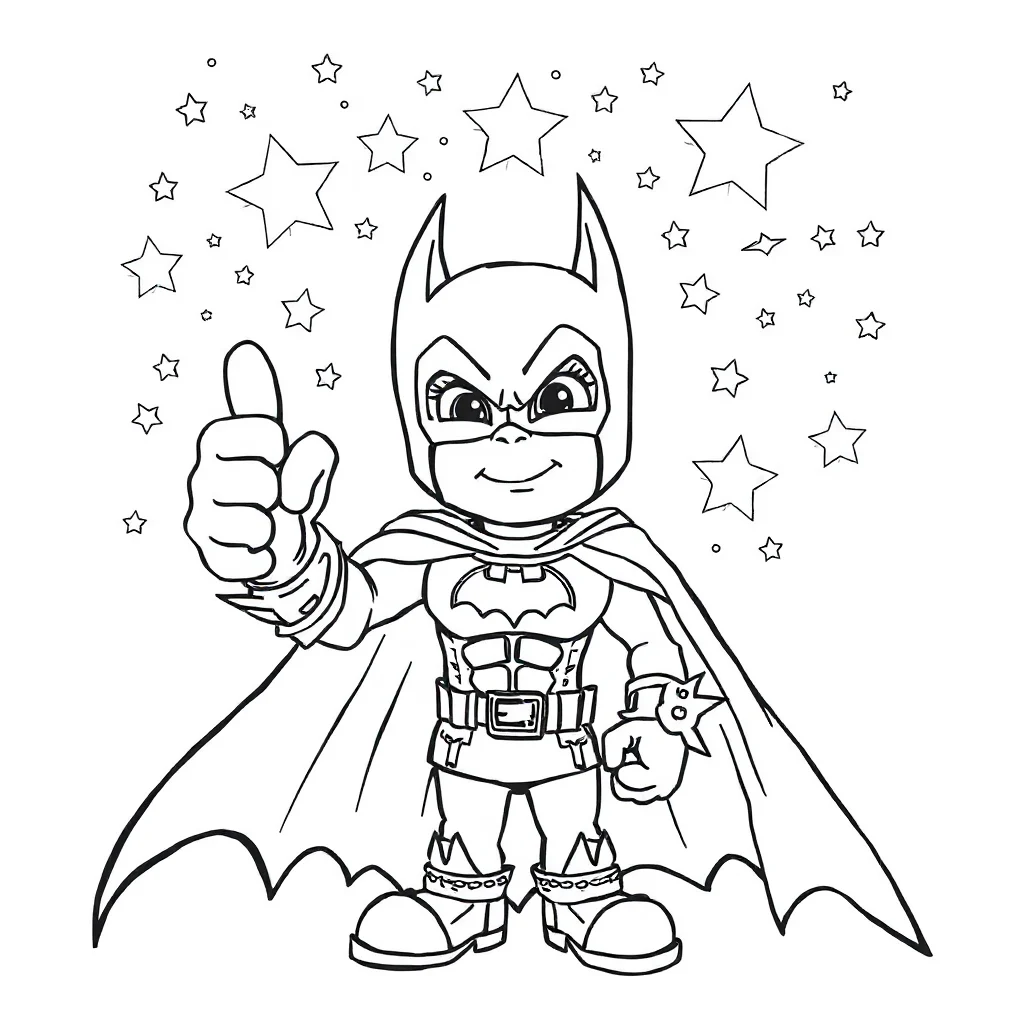 Batman a friendly cartoon batman giving a thumbs up under the night — detailed batman coloring page
