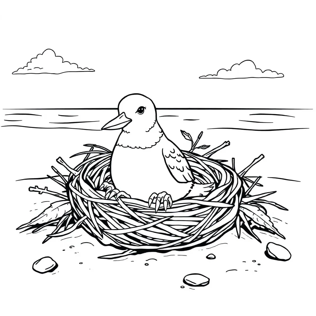 Birds a bird in a nest on the beach — classic birds coloring page (ages 5–10)