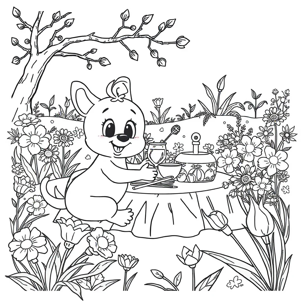 Bluey bluey having a picnic in a flower garden — classic bluey coloring page (ages 5–10)