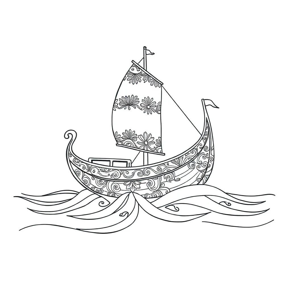 Boats a boat on waves dancing — detailed boats coloring page (ages 9+ & adults)