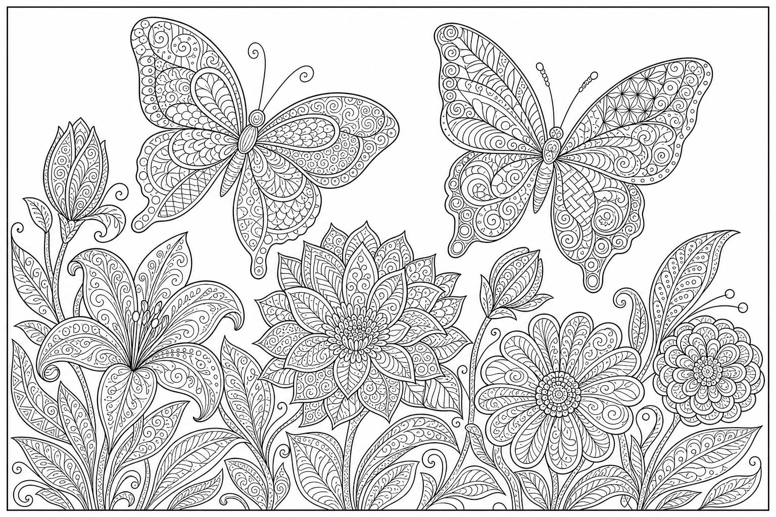 Butterflies garden tangle — detailed butterflies coloring page (ages 9+ & adults)