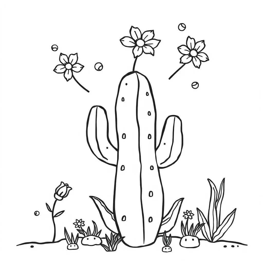 Cactus a cactus with flowers flying — easy cacti coloring page (ages 2–5)