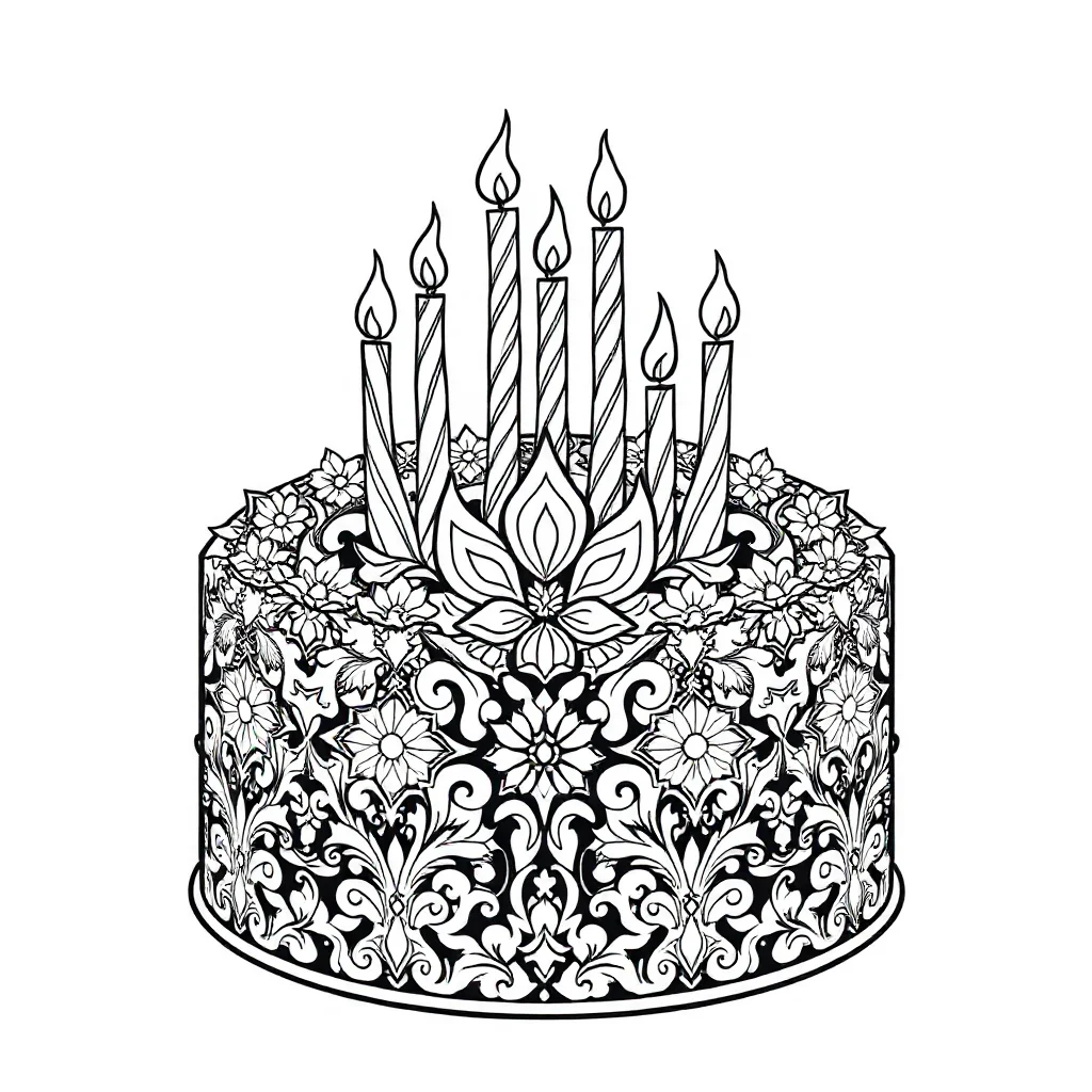Cakes a cake with candles dancing — detailed cakes coloring page (ages 9+ & adults)