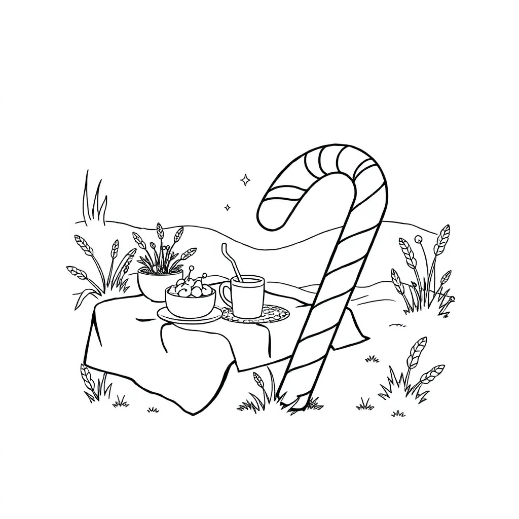 Candy a candy cane having a picnic — classic candy coloring page