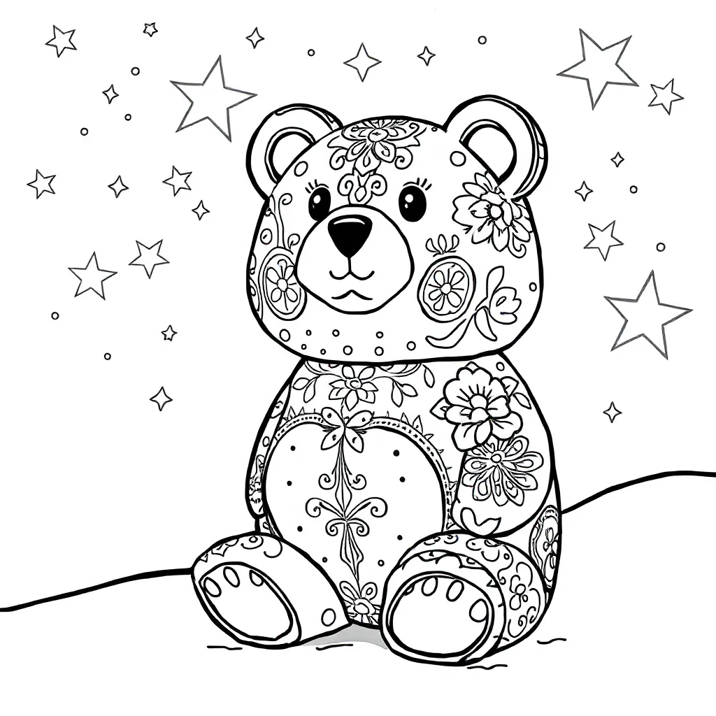 Candy a cute gummy bear under the night sky with stars — detailed candy coloring page