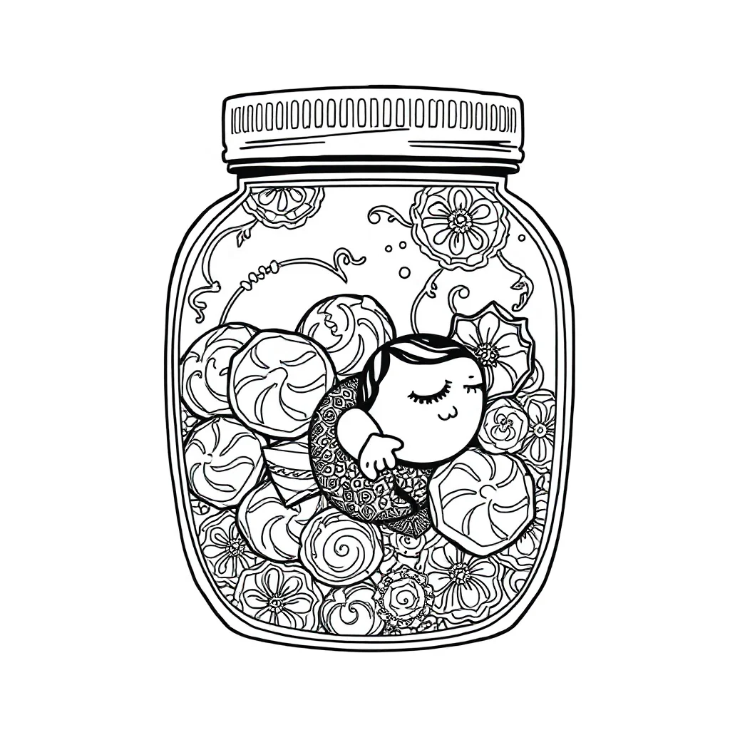 Candy a jar of candy sleeping curled up — detailed candy coloring page