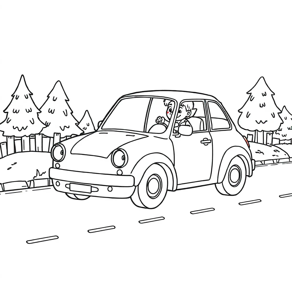 Cars a car on a road baking cookies — classic cars coloring page (ages 5–10)