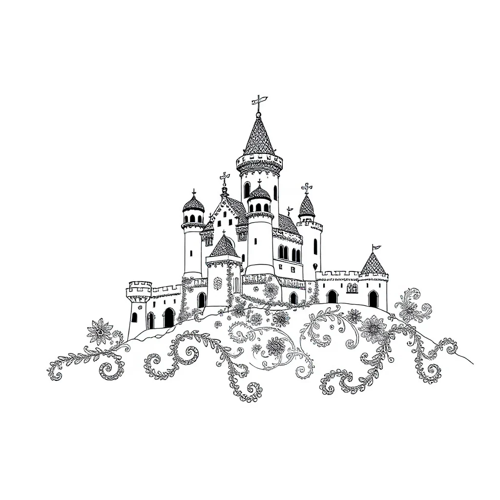 Castles a castle on a hill dancing — detailed castles coloring page (ages 9+ & adults)
