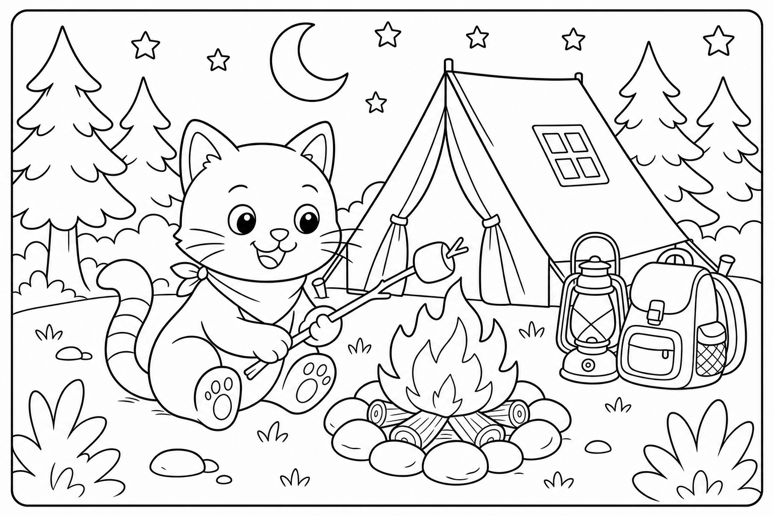 Cats camping cat — classic cats coloring page (ages 5–10)