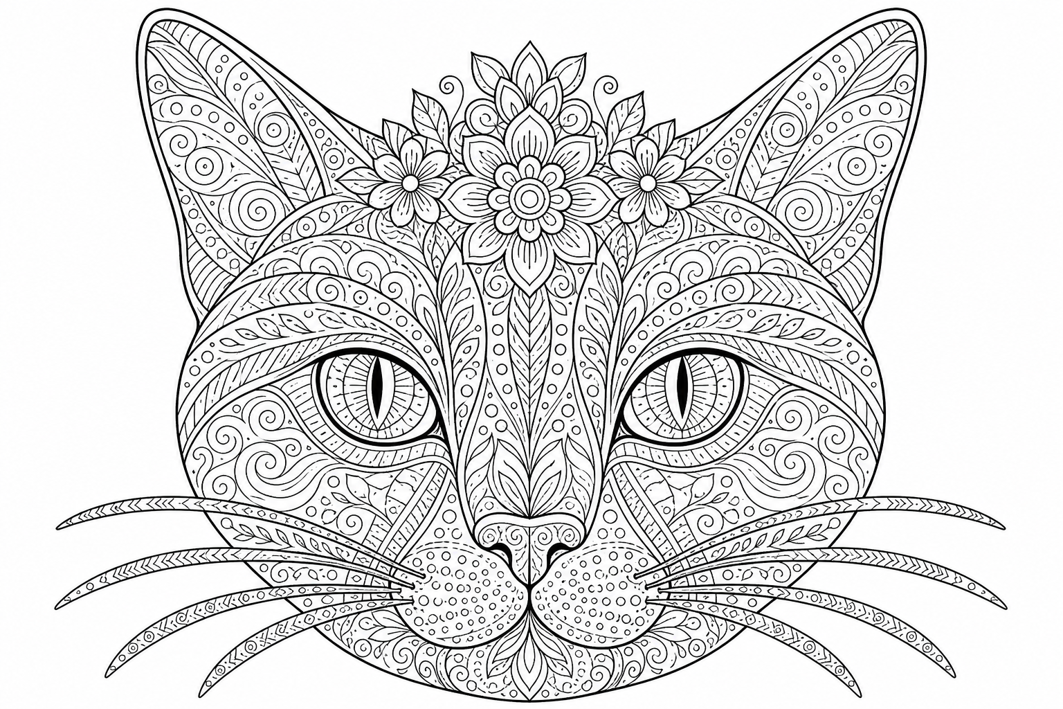 Cats zentangle face — detailed cats coloring page (ages 9+ & adults)