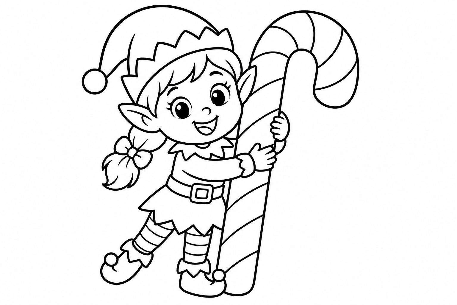Christmas elf candy cane — classic christmas coloring page