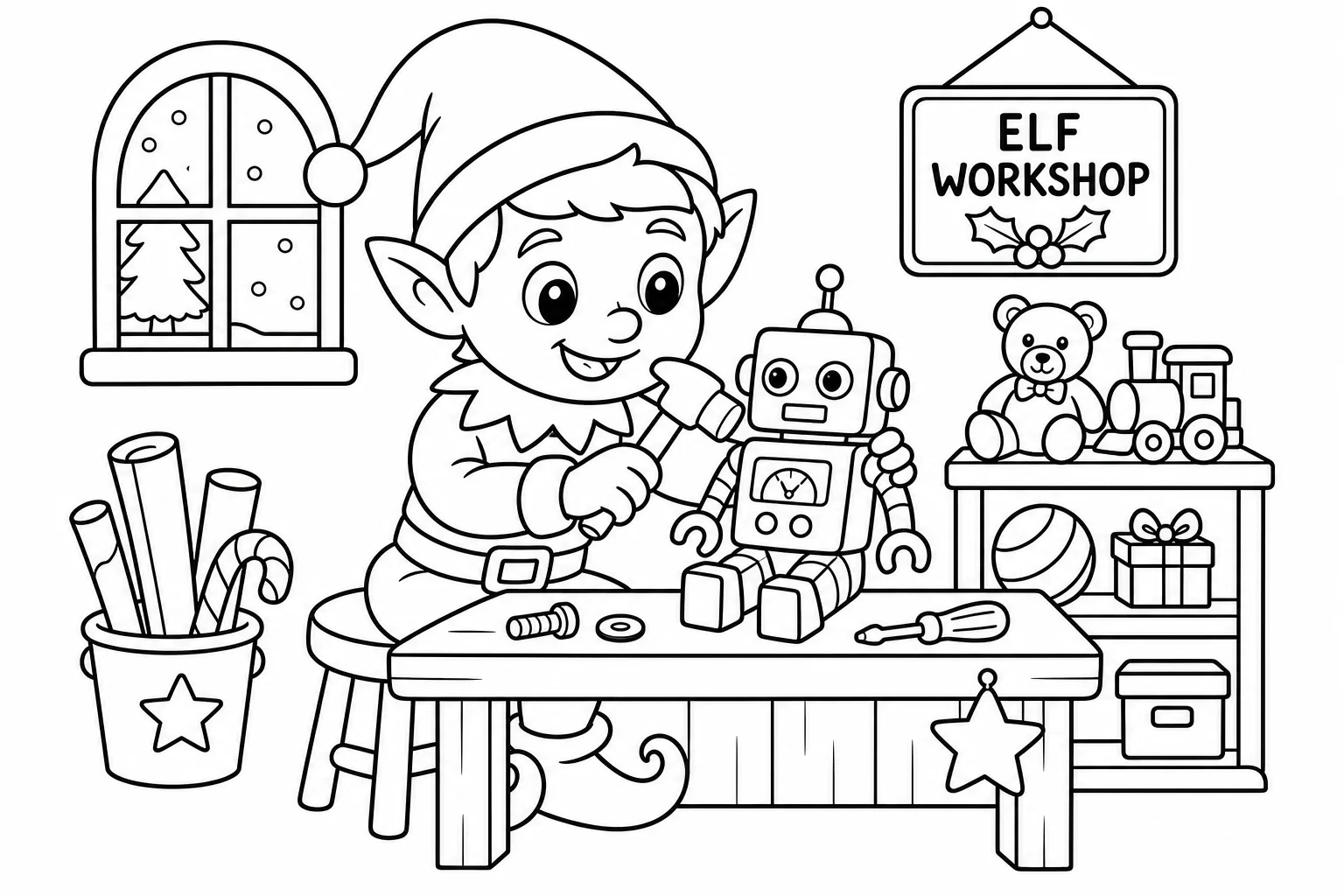 Christmas elf workshop — Christmas coloring page