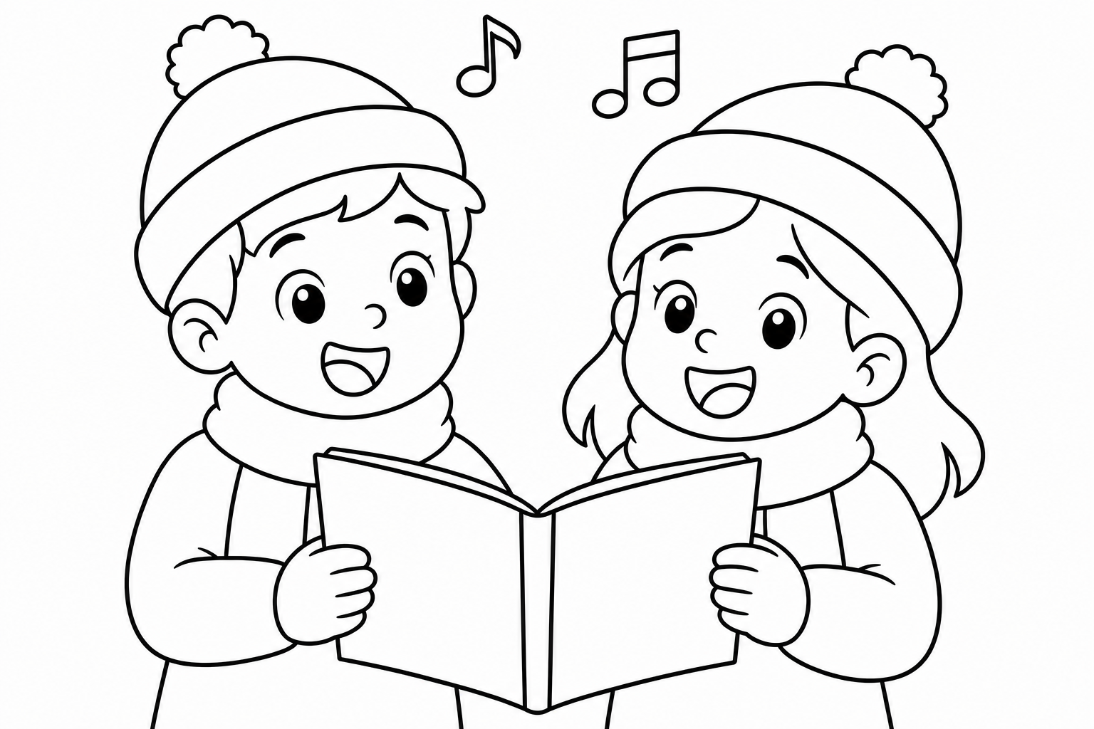 Christmas kids caroling — easy christmas coloring page