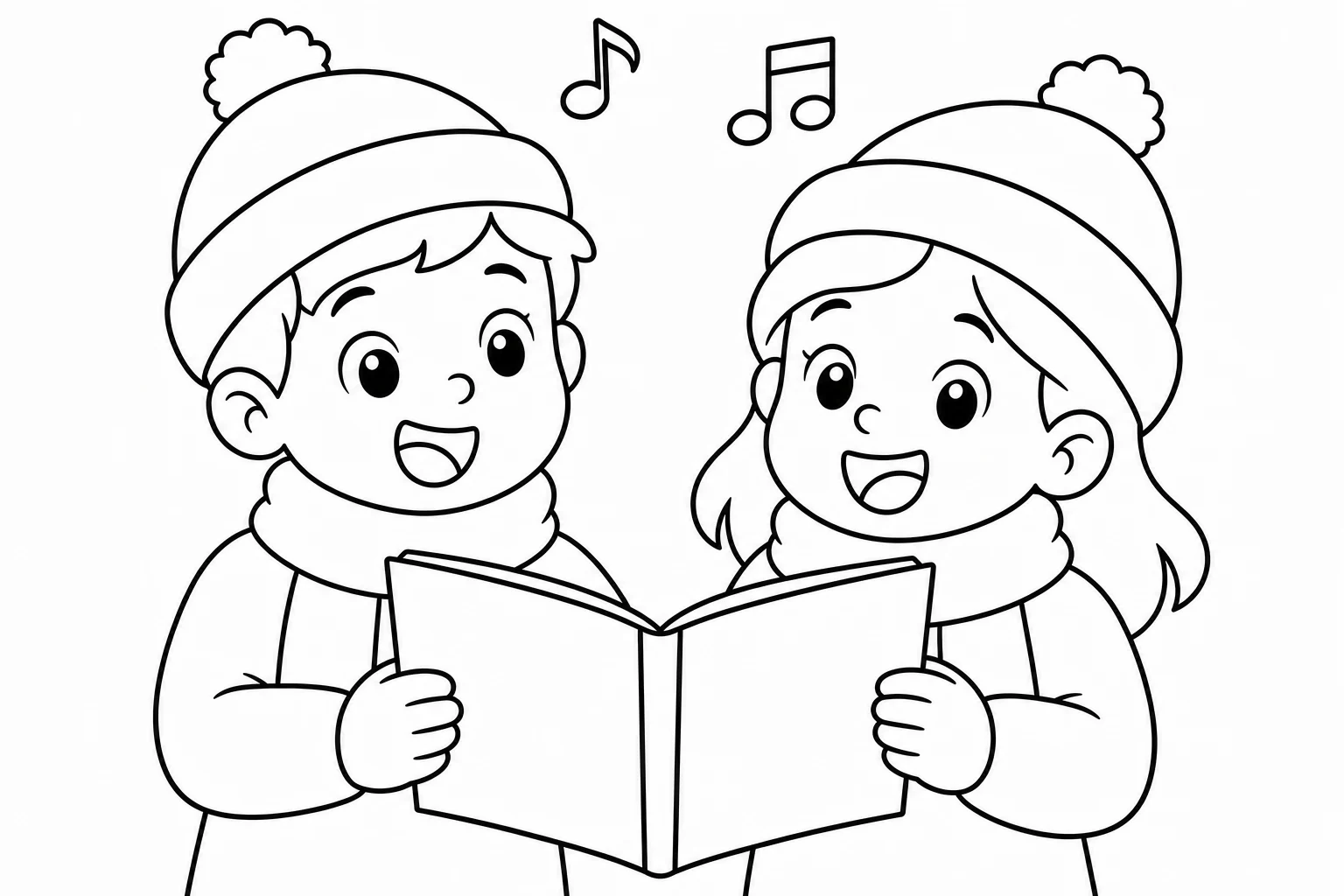Christmas kids caroling — easy christmas coloring page