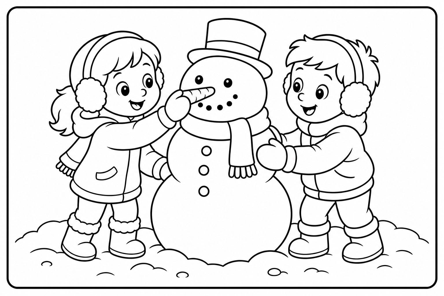 Christmas kids snowman — Christmas coloring page
