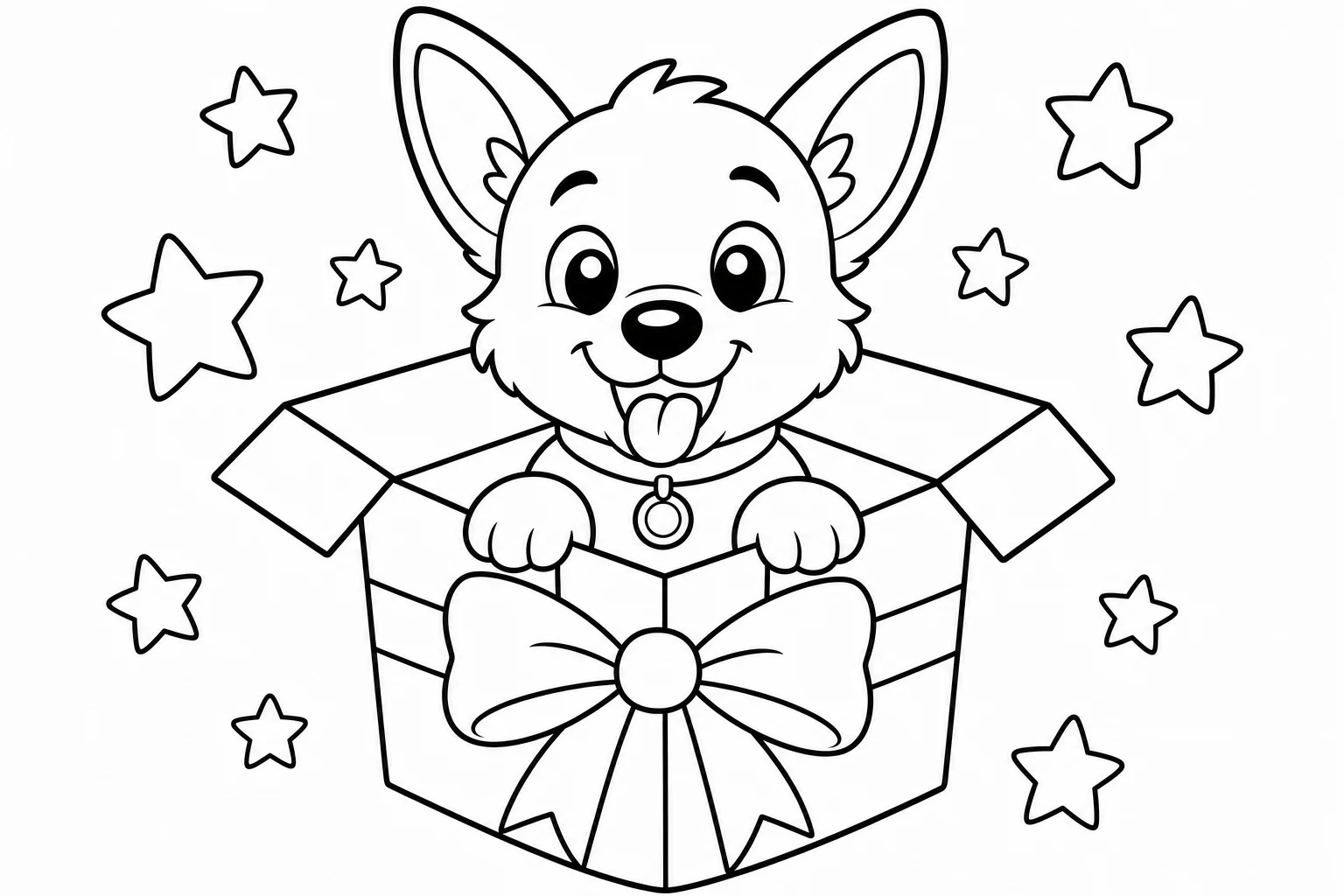 Christmas puppy gift box — Christmas coloring page