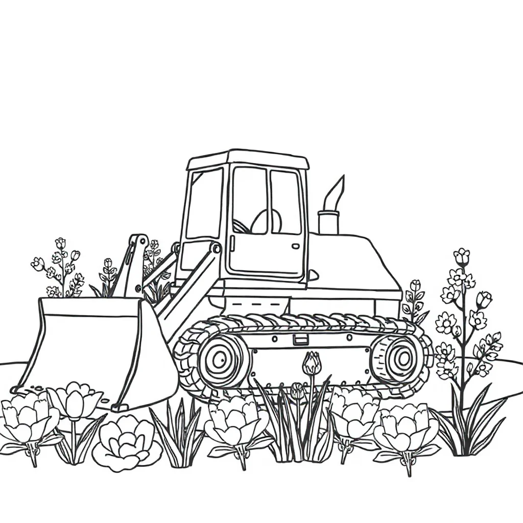 Construction a bulldozer in a flower garden — classic construction vehicles coloring page