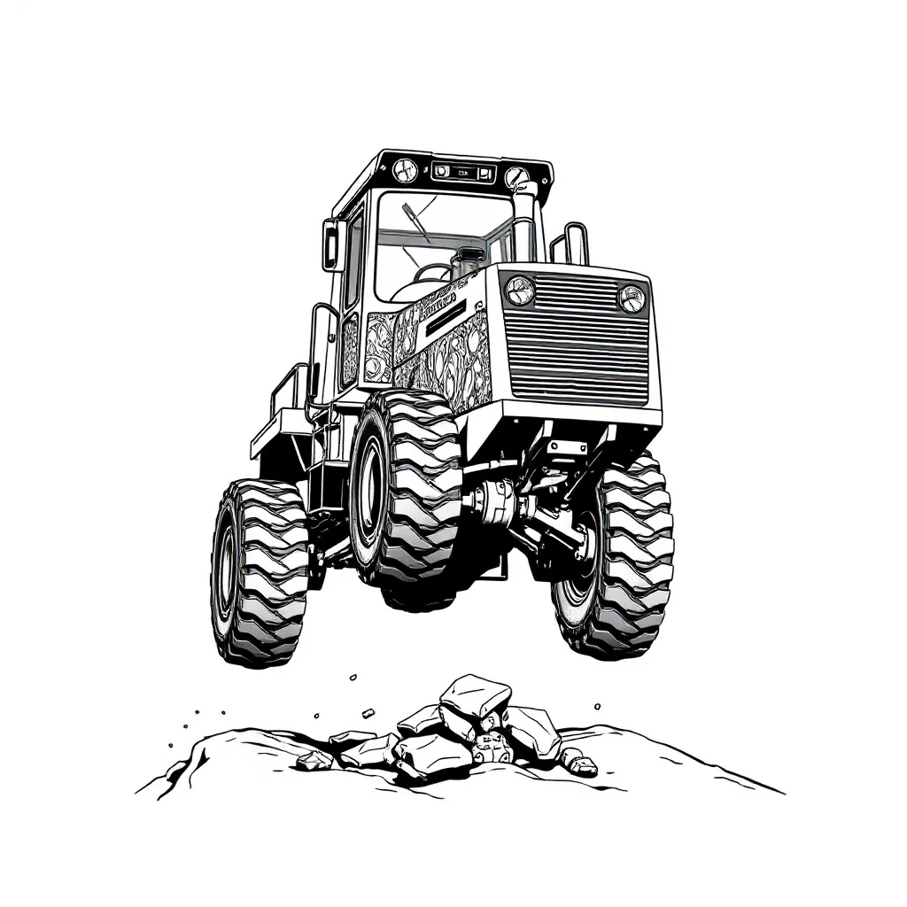 Construction a bulldozer leaping mid air — detailed construction vehicles coloring page