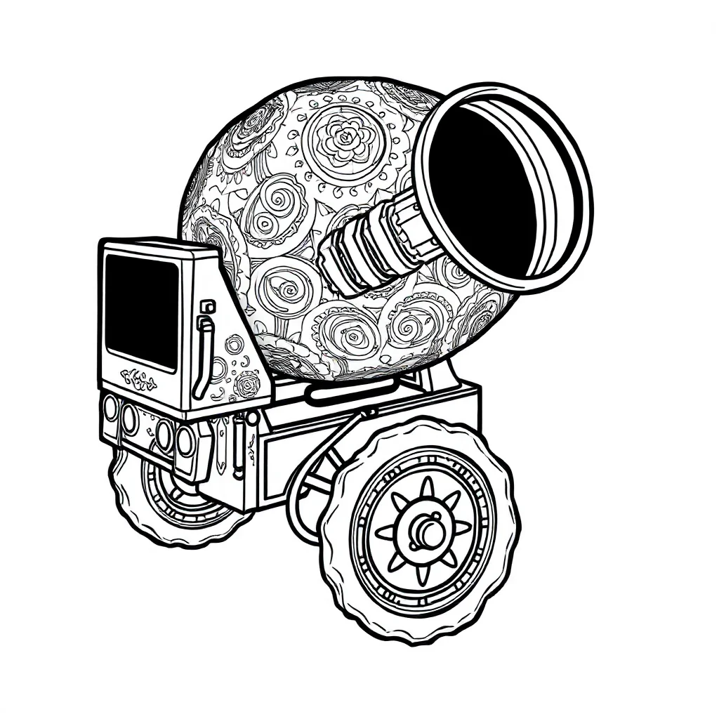 Construction a cement mixer sleeping curled up — detailed construction vehicles coloring page