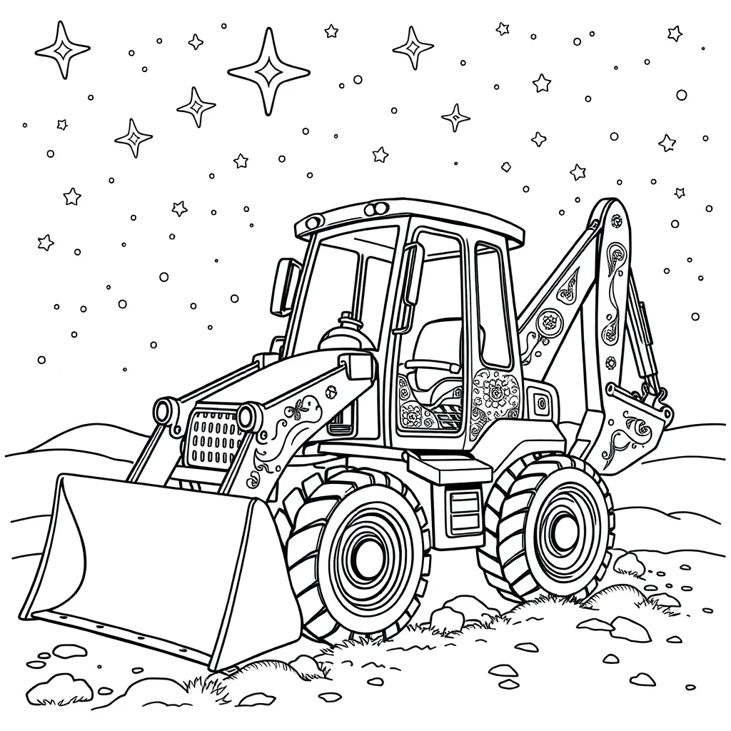 Construction a cute digger under the night sky with stars — detailed construction vehicles coloring page