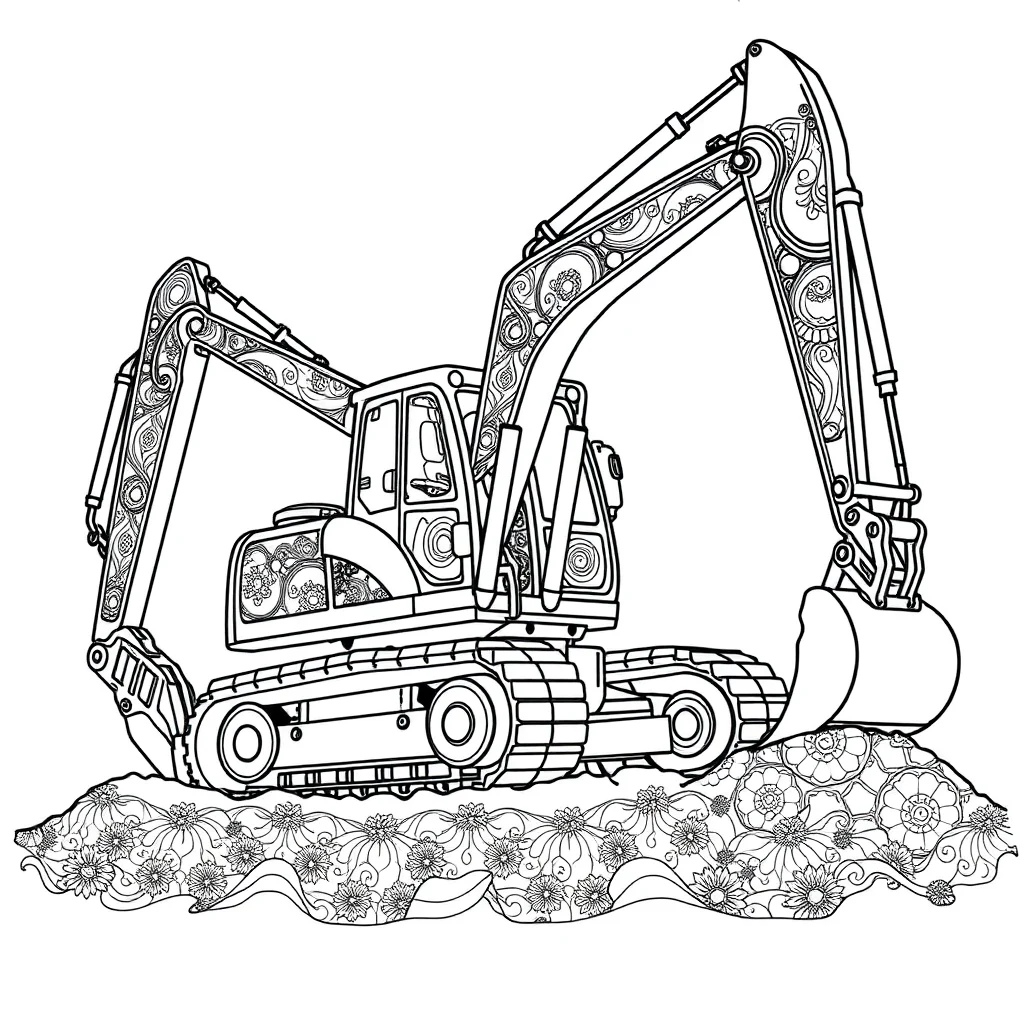 Construction an excavator digging sitting — detailed construction vehicles coloring page
