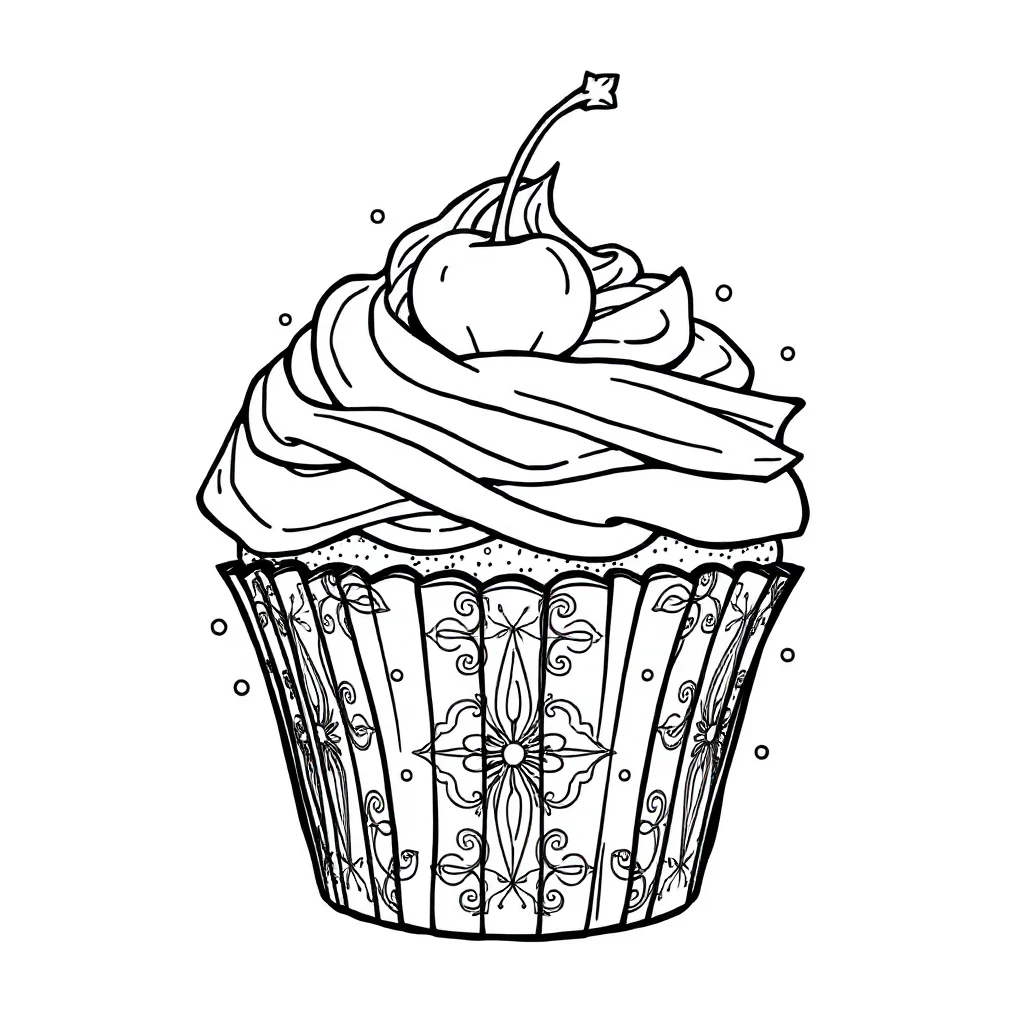 Cupcakes a cupcake with a cherry dancing — detailed cupcakes coloring page (ages 9+ & adults)