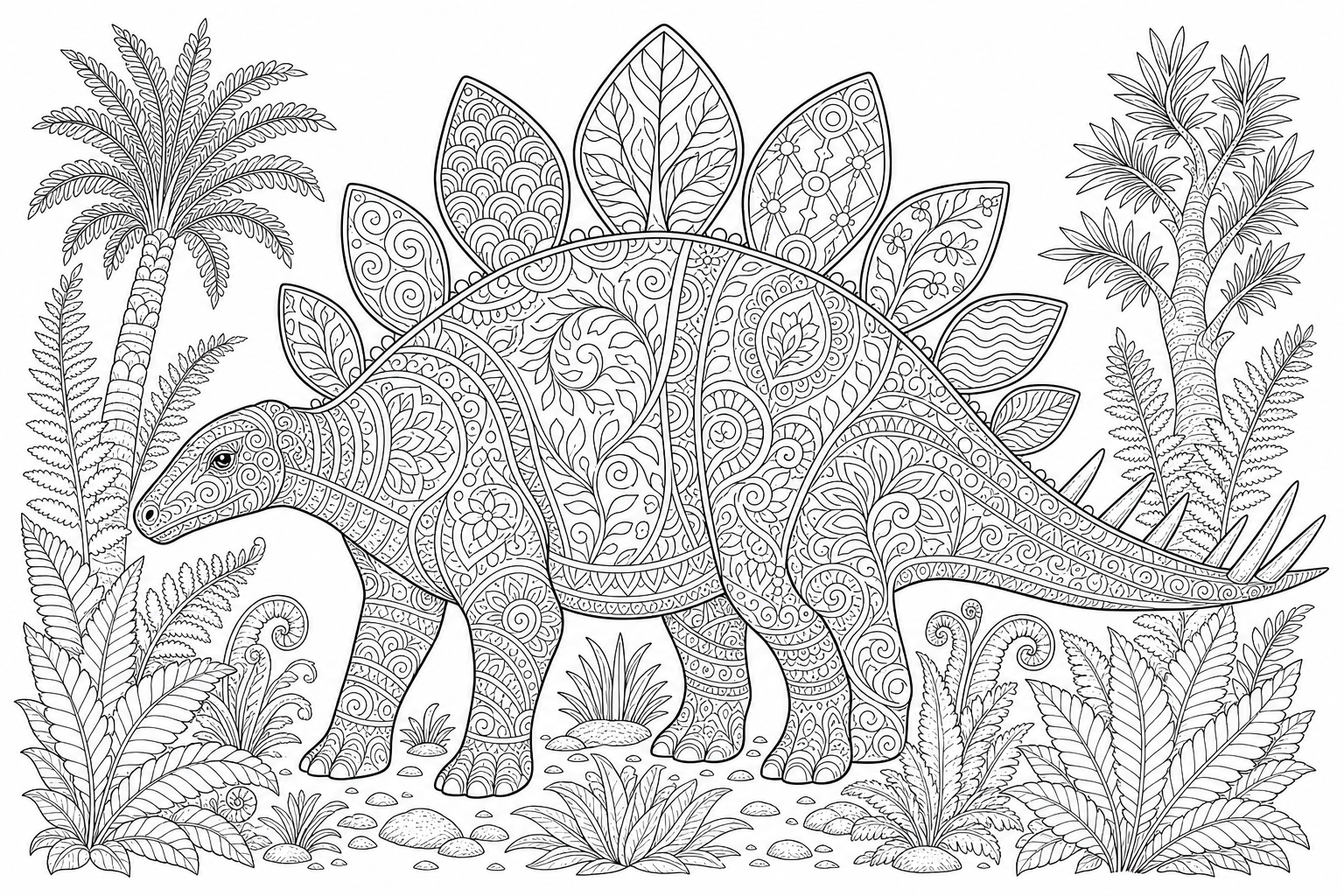 Dinosaurs stegosaurus patterns — detailed dinosaurs coloring page (ages 9+ & adults)