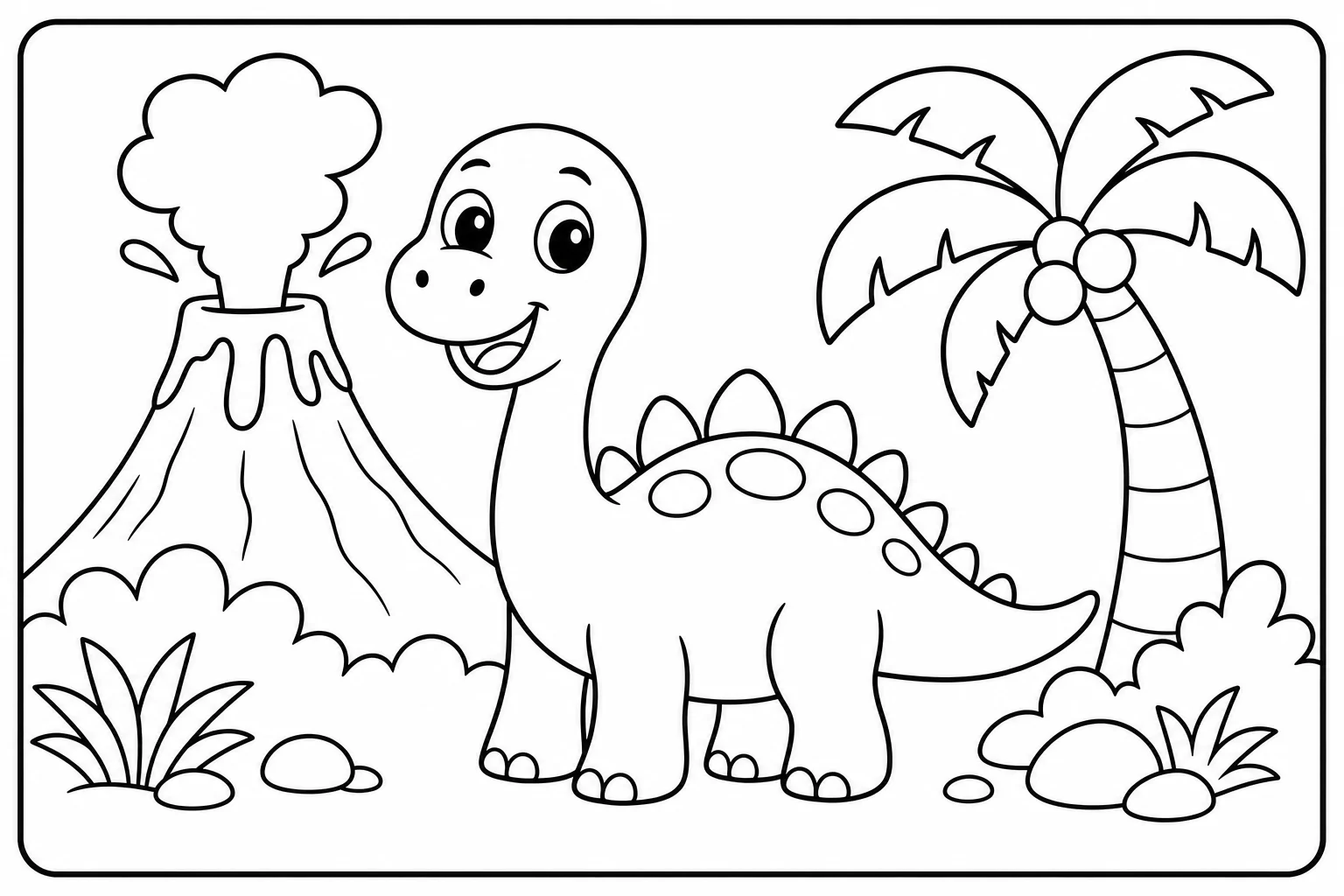 Dinosaurs with volcano — easy dinosaurs coloring page