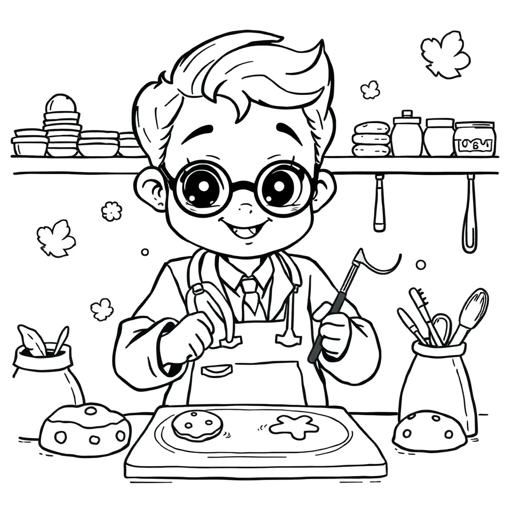 Doctors a cute doctor baking cookies — classic doctors coloring page (ages 5–10)
