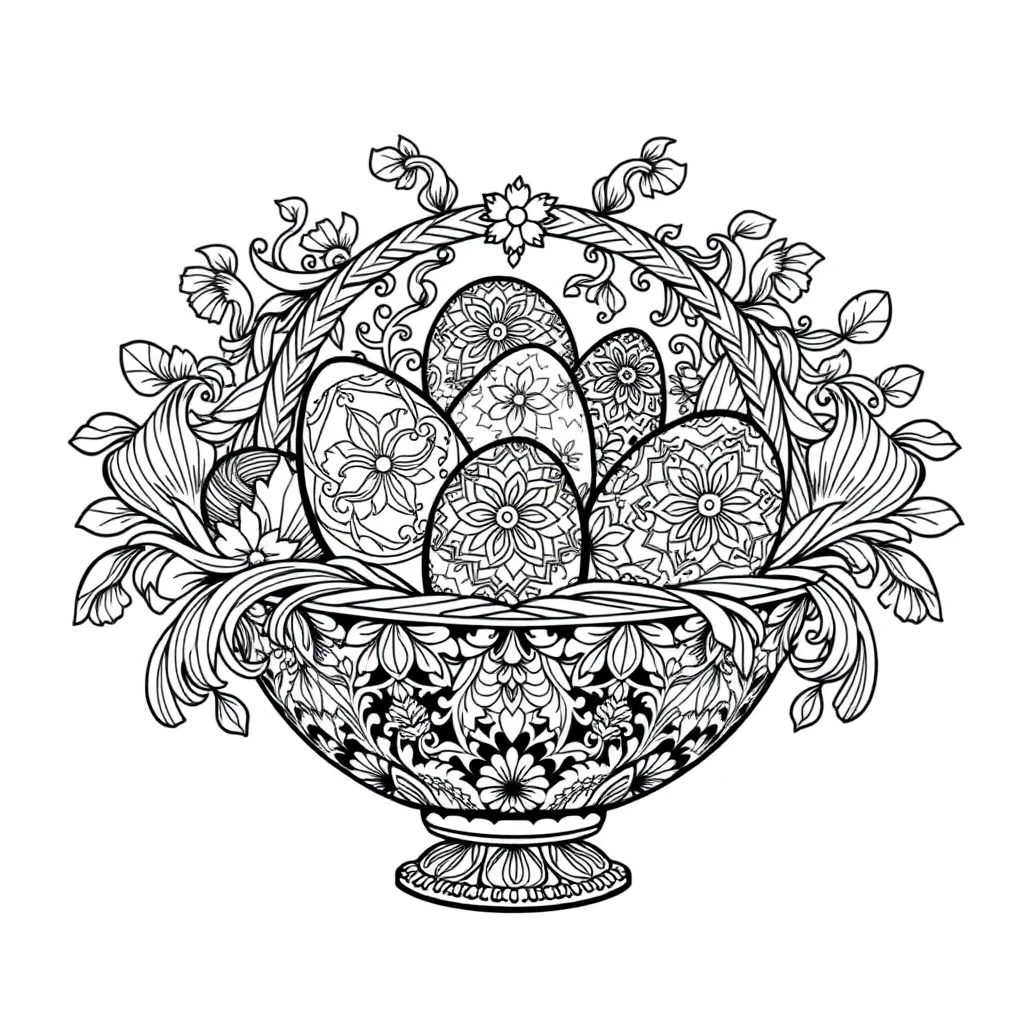 Easter a basket of eggs dancing — detailed easter coloring page