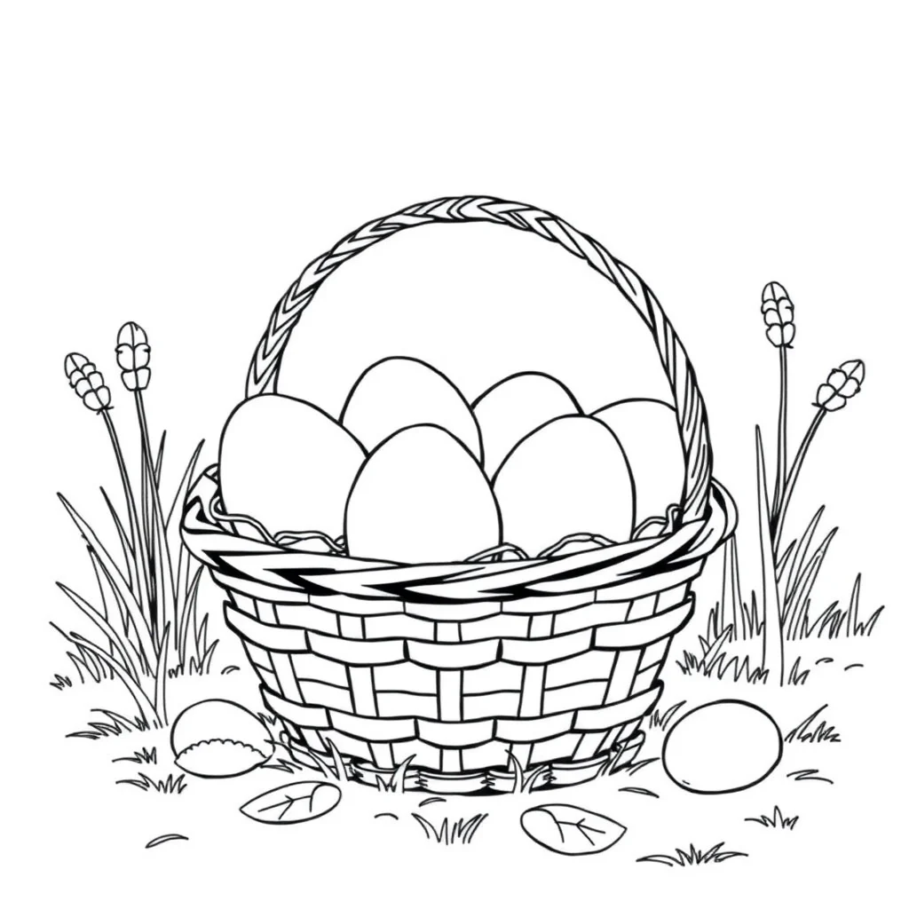 Easter a basket of eggs having a picnic — classic easter coloring page