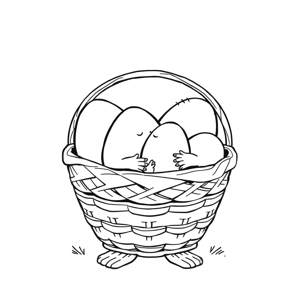 Easter a basket of eggs hugging a friend — easy easter coloring page