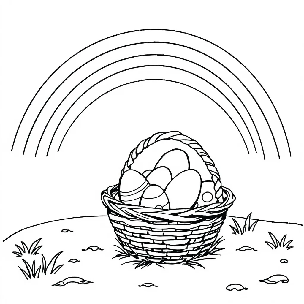 Easter a basket of eggs under a rainbow — classic easter coloring page