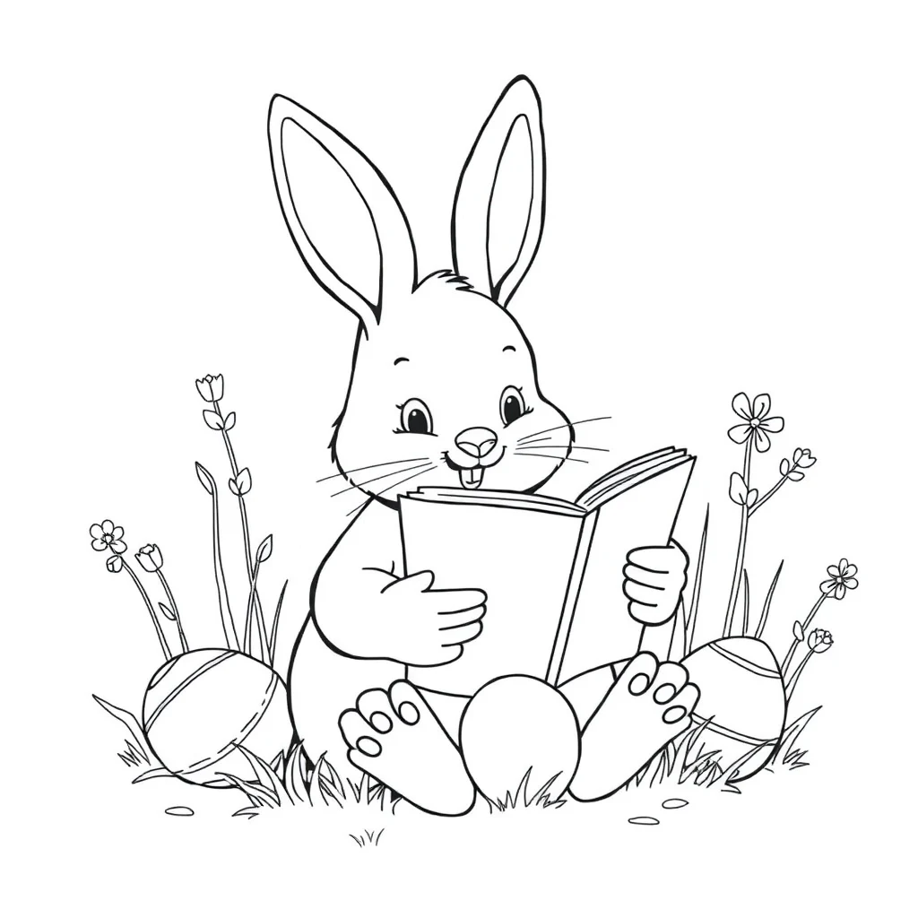 Easter a bunny with eggs reading a book — classic easter coloring page