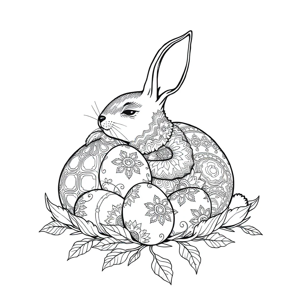 Easter a bunny with eggs sleeping curled up — detailed easter coloring page