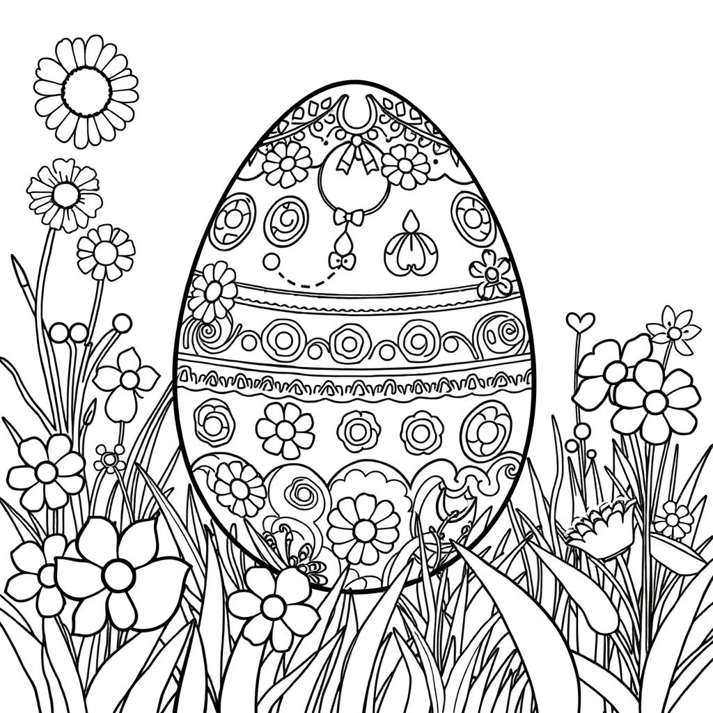 Easter a decorated easter egg in a flower garden — classic easter coloring page