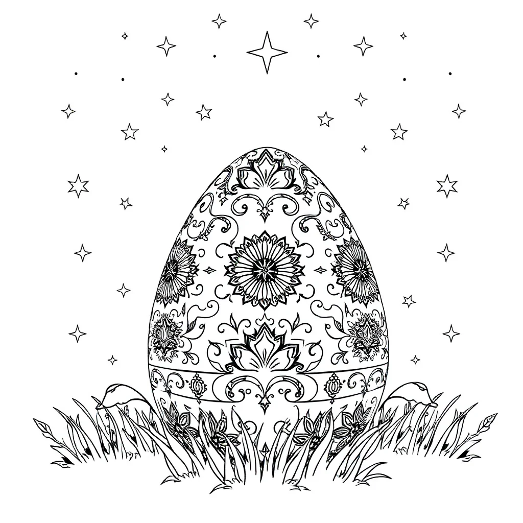 Easter a patterned easter egg under the night sky with stars — detailed easter coloring page