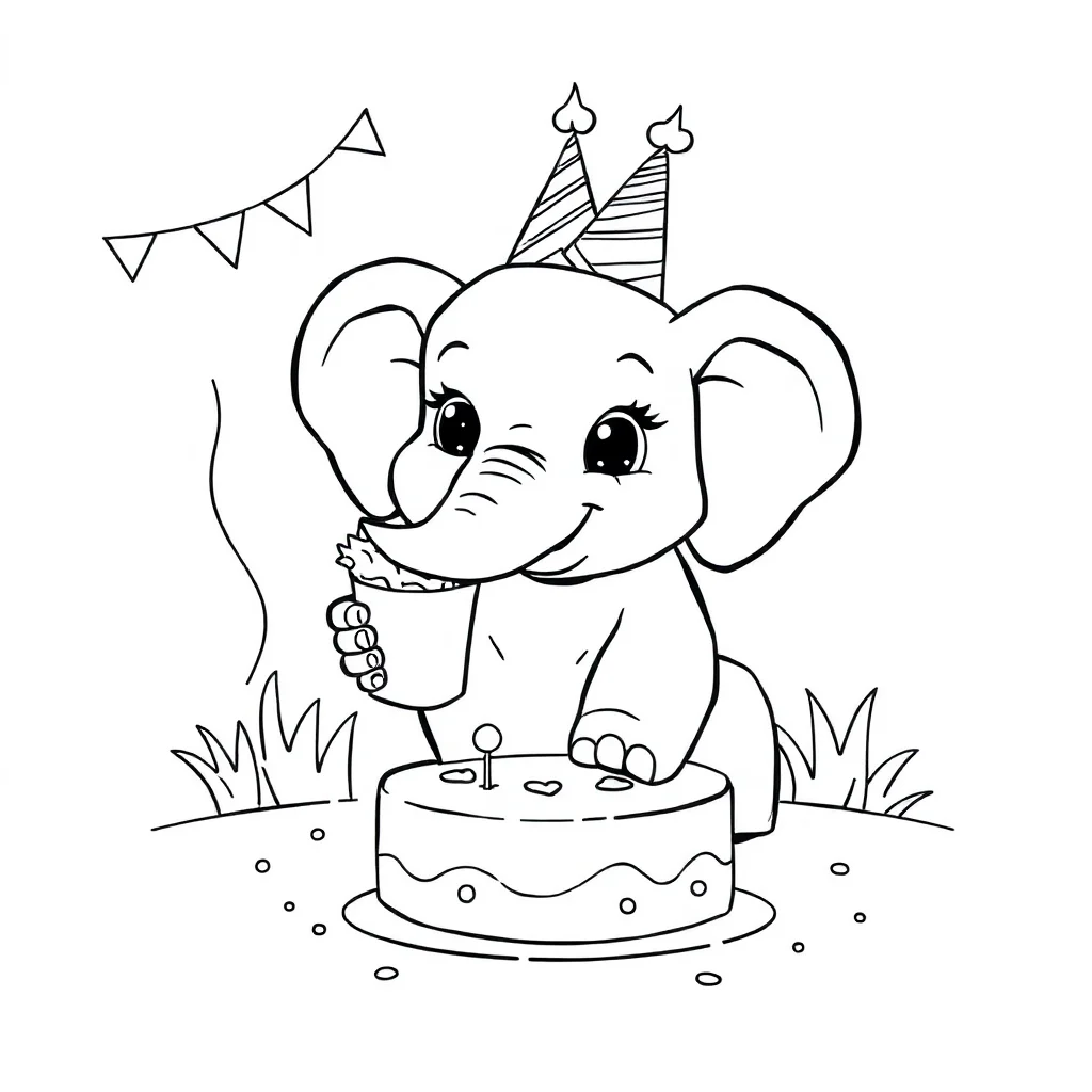 Elephants a cute baby elephant celebrating a birthday — classic elephants coloring page (ages 5–10)