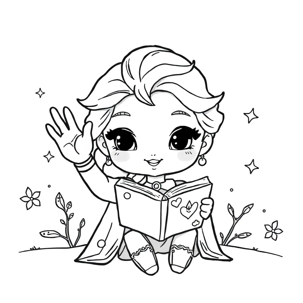 Elsa a cute chibi elsa waving reading a book — classic elsa coloring page (ages 5–10)