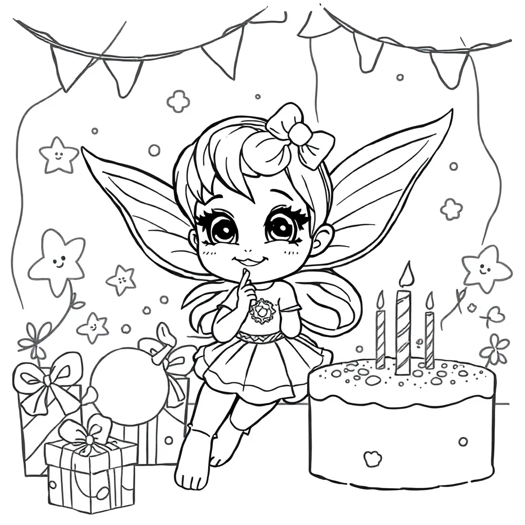 Fairies a cute fairy celebrating a birthday — classic fairies coloring page (ages 5–10)