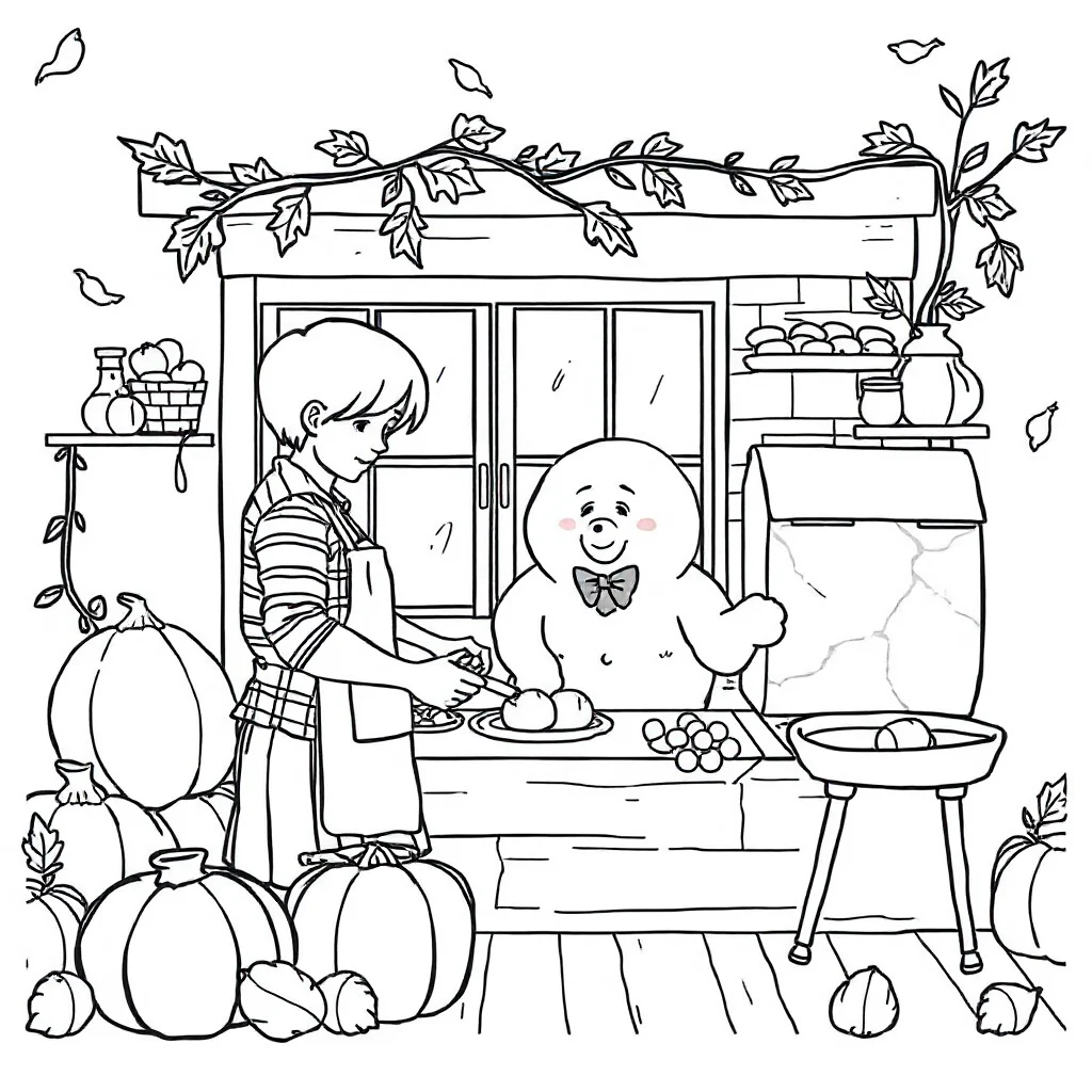 Fall a cozy fall scene baking cookies — classic fall coloring page