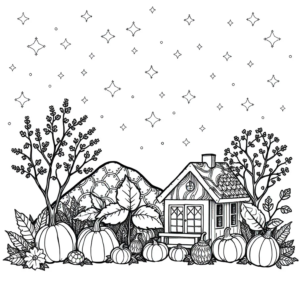 Fall a cozy fall scene under the night sky with stars — detailed fall coloring page