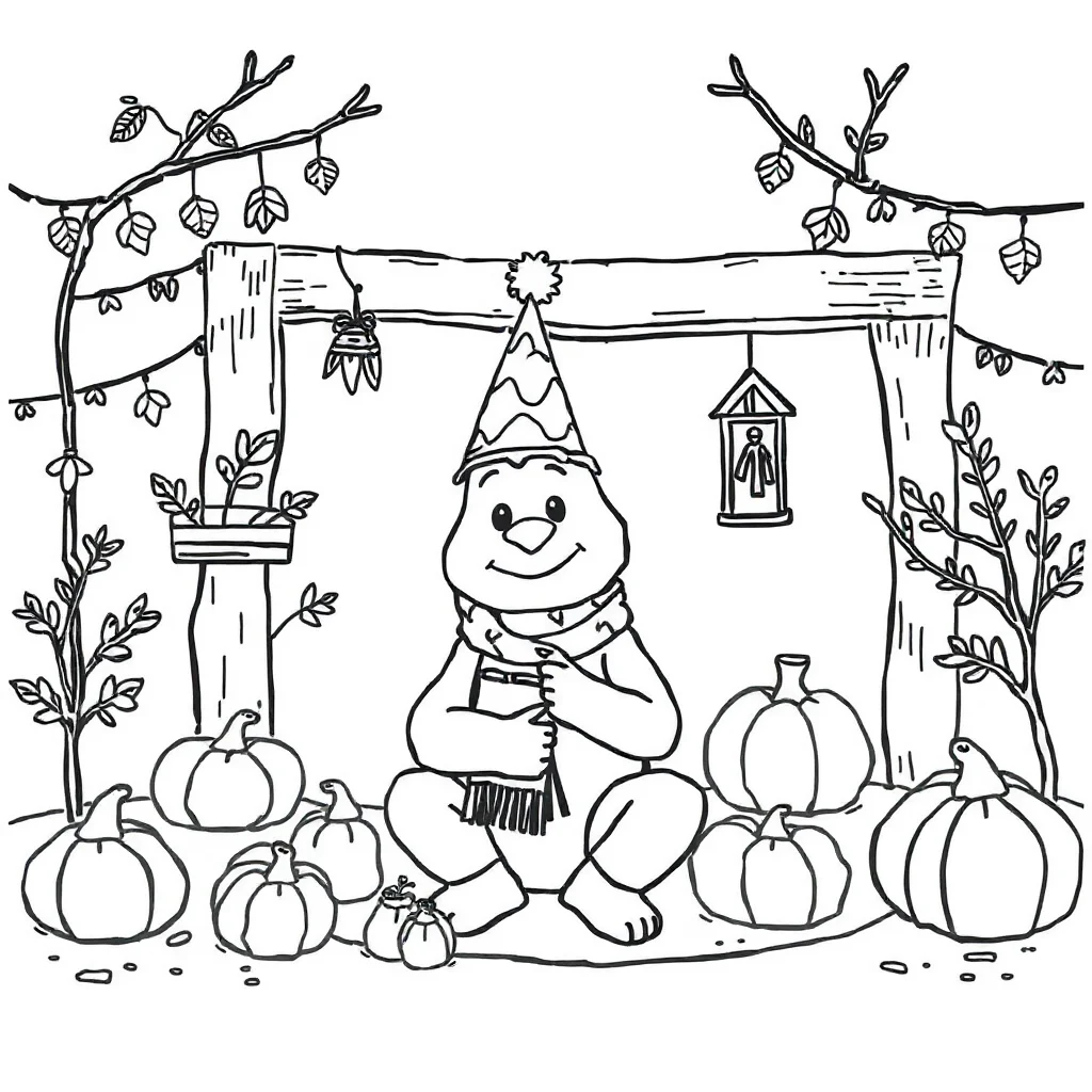 Fall a cozy fall scene wearing a party hat — classic fall coloring page