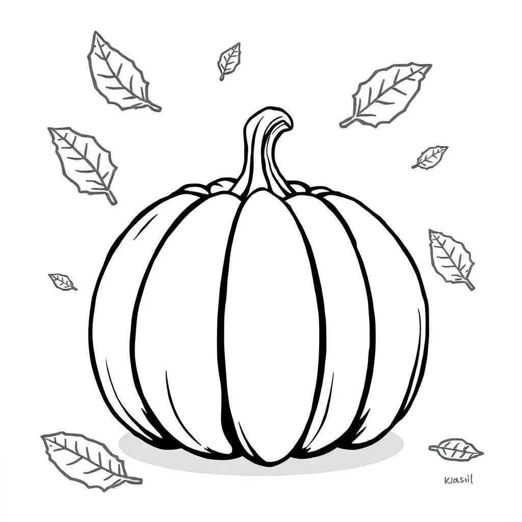 Fall a pumpkin and leaves flying — easy fall coloring page