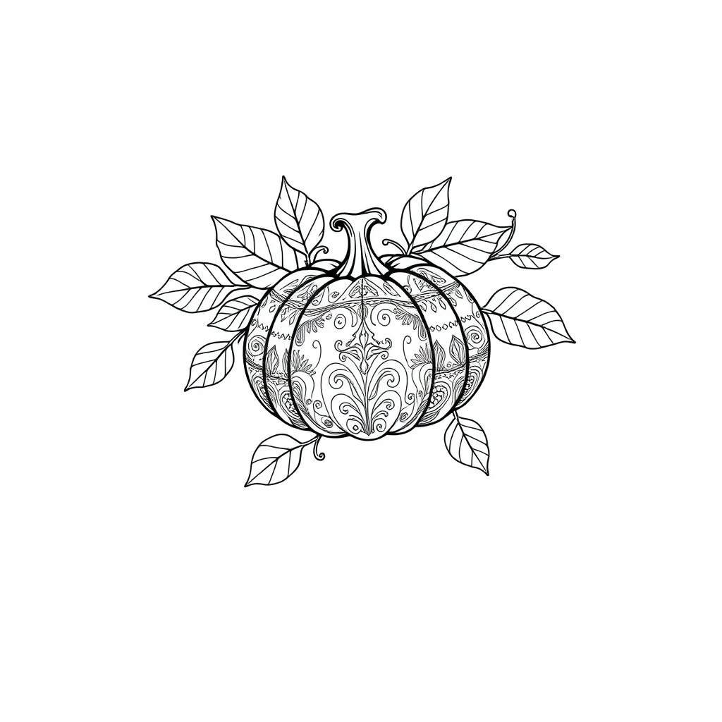 Fall a pumpkin and leaves leaping mid air — detailed fall coloring page