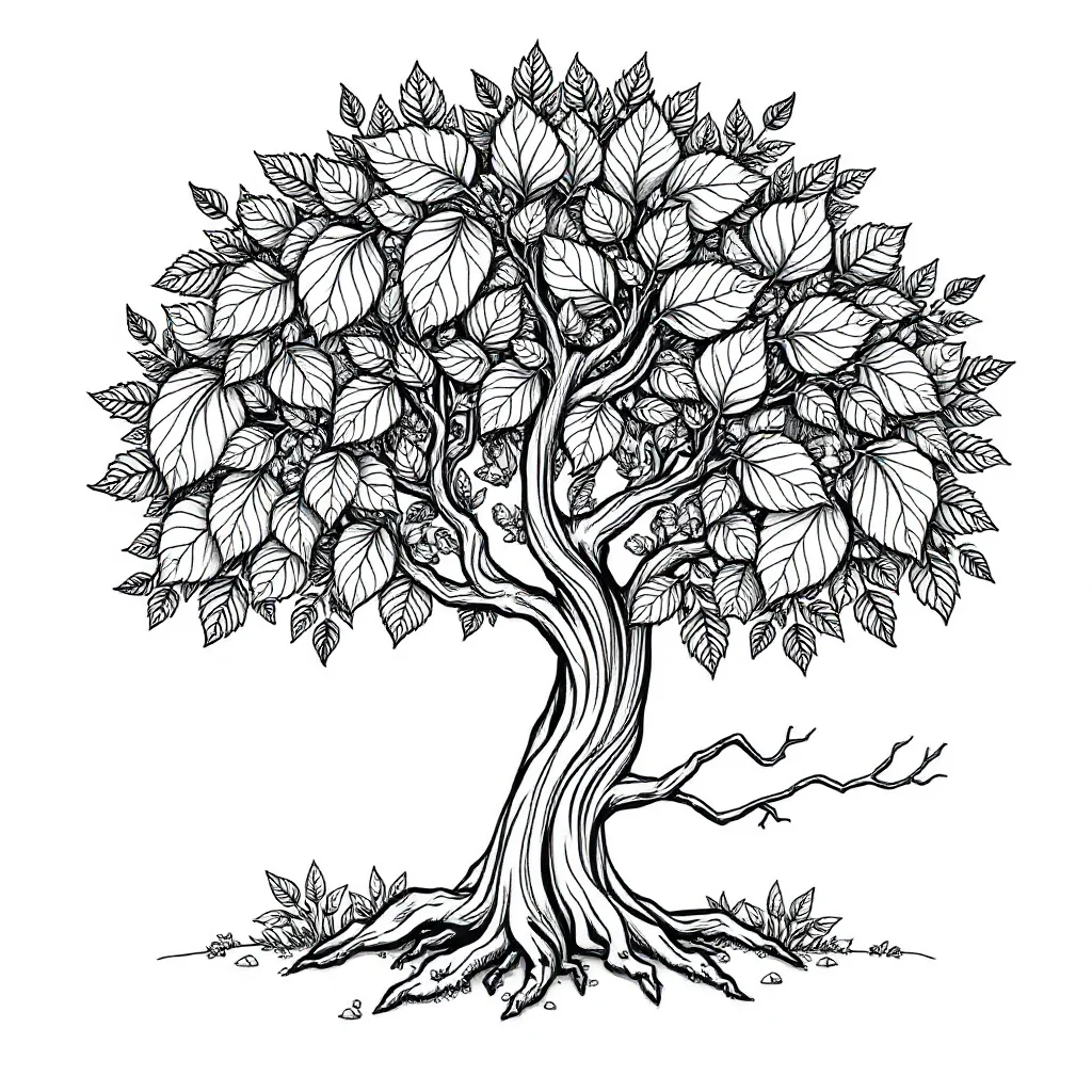 Fall a tree in autumn sleeping curled up — detailed fall coloring page