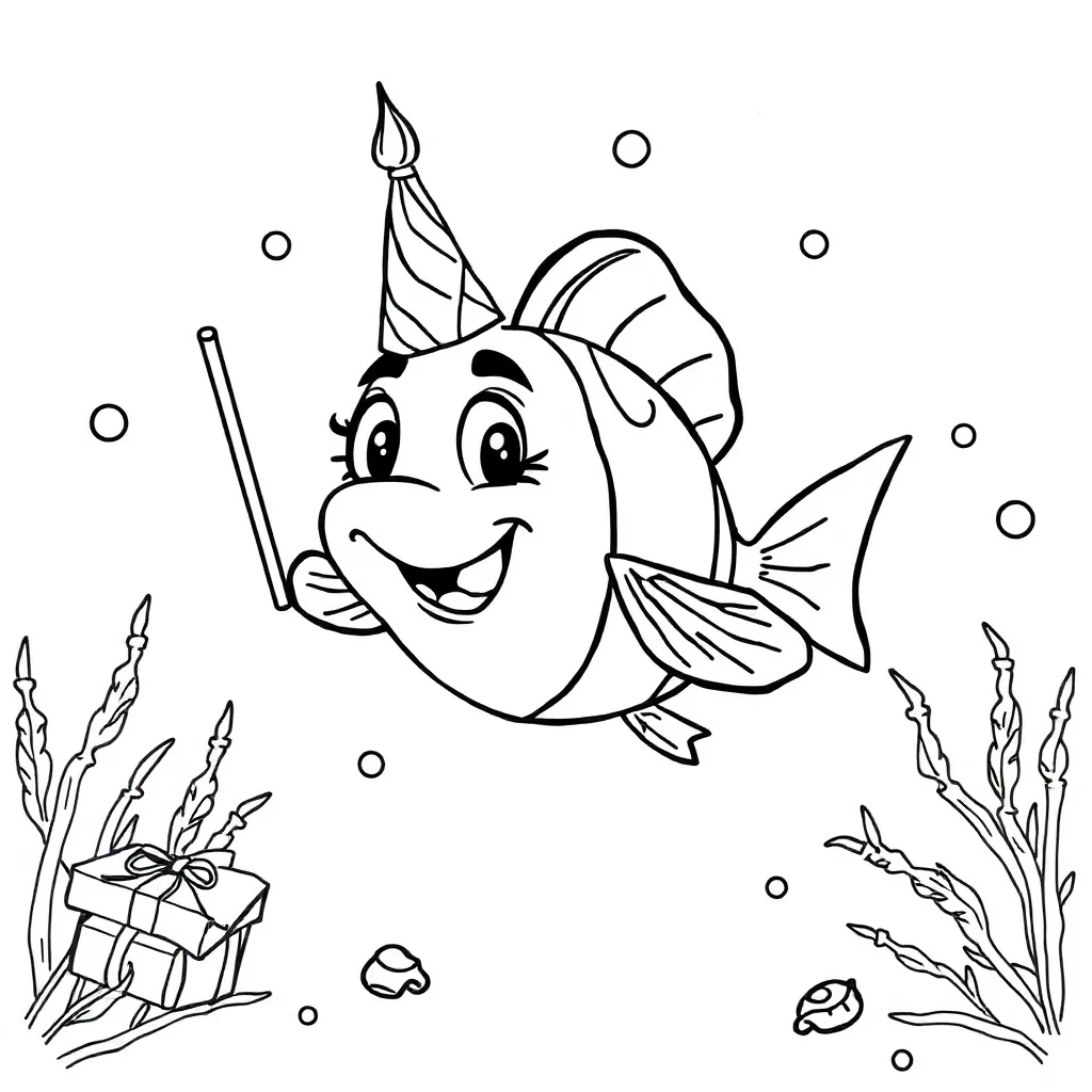 Fish a cute fish celebrating a birthday — classic fish coloring page (ages 5–10)